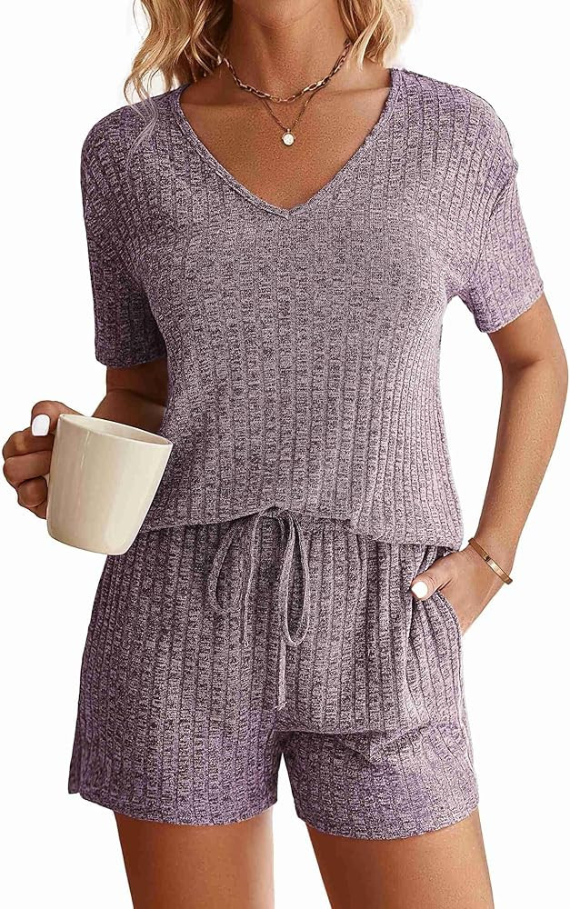 Ekouaer Womens Ribbed Knit Lounge Set Short Sleeve Top and Shorts Sleepwear Pajama Set Two Piece ... | Amazon (US)