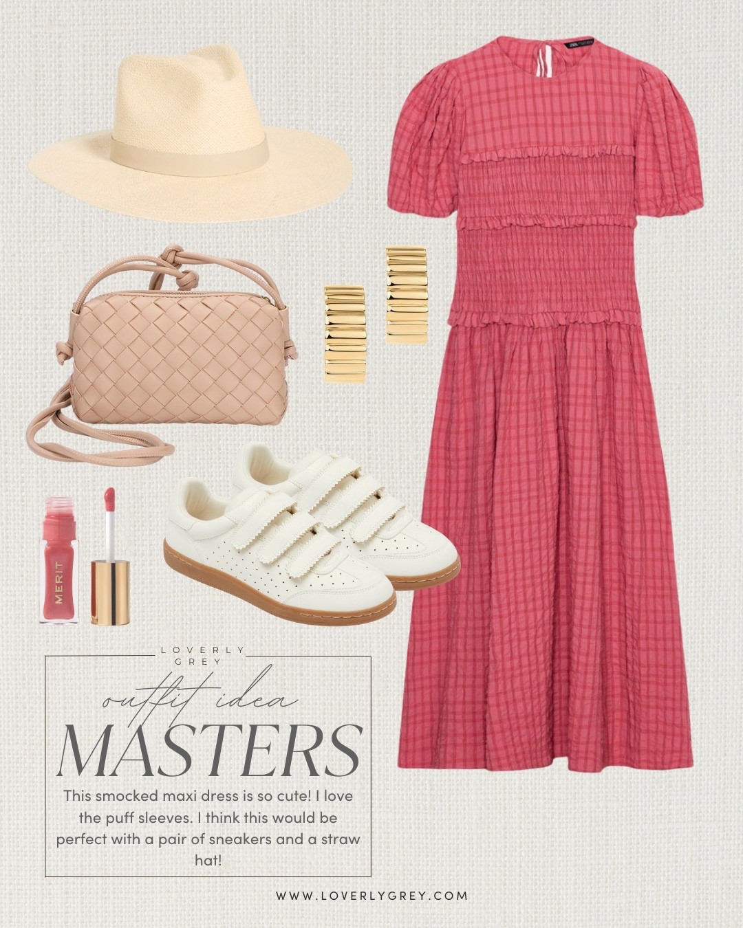 Love the smocked detailing on this midi dress & the puff sleeves! Styled it with this cute sneaker that is under $50! 👏🏼 Love this look for any golf tournament this spring!

Loverly Grey, Masters outfits, golf tournament outfit, spring dress, neutral sneakers, straw hat 

#LTKSeasonal