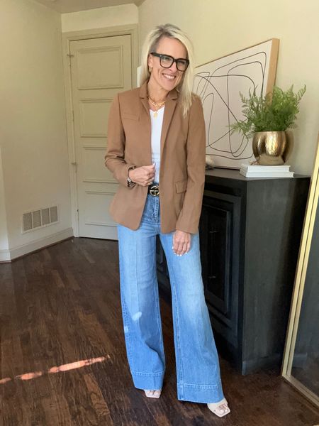 This jcrew blazer has been a top seller. Love the Carmel color, has blue pin strips inside. Great with faded or dark jeans. Paired here with wide leg denim

Jcrew, 

#LTKover40 #LTKstyletip #LTKSeasonal