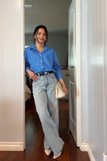 spring outfit idea 
- blue striped button up
- wide leg jeans
- black belt with silver hardware
- pointed toe shoes 

#LTKworkwear #LTKstyletip #LTKxMadewell