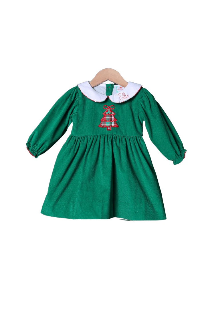 Applique Plaid Merry Christmas Tree Green Corduroy Dress | The Smocked Flamingo
