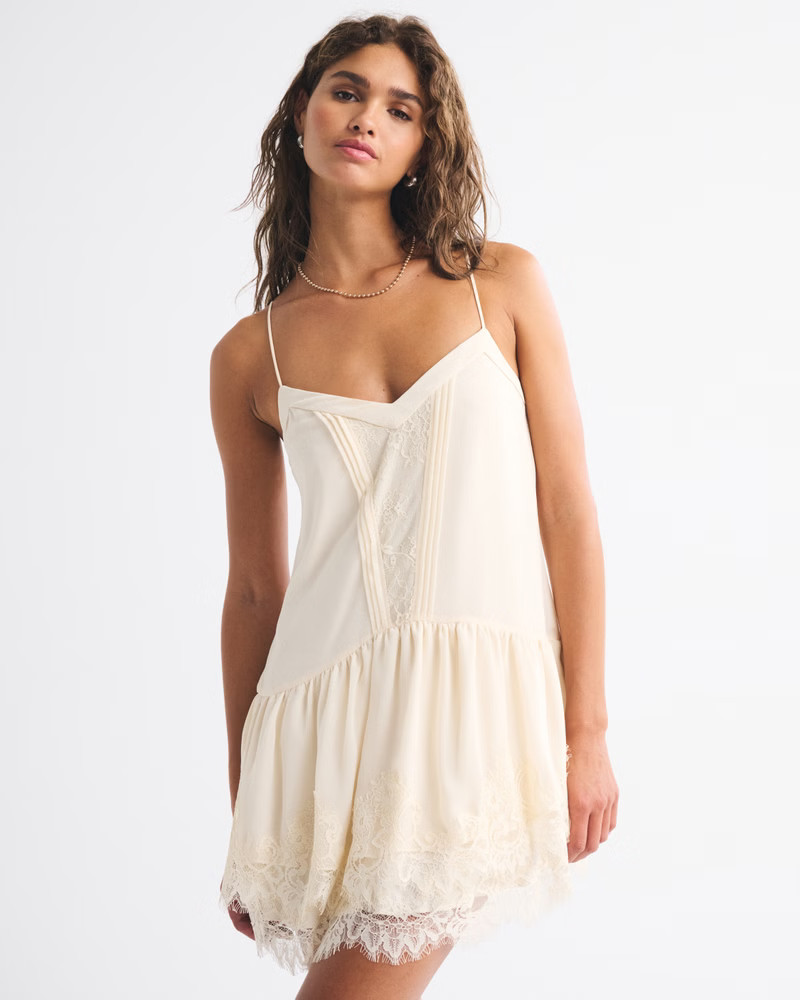 V-Neck Lace Ruffle Mini Dress | Abercrombie & Fitch (US)