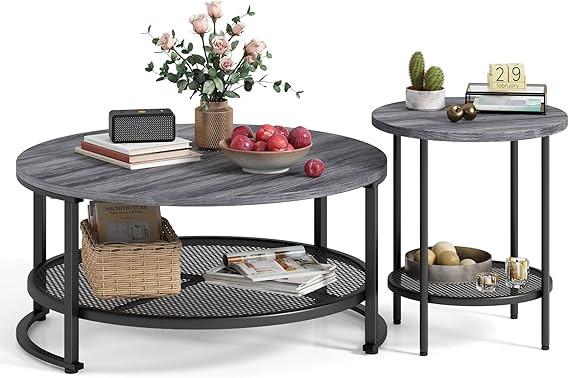 LINSY HOME Round Coffee Table and End Table Set for Living Room, Grey Coffee Table with Open Stor... | Amazon (US)