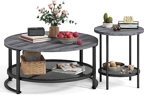 LINSY HOME Round Coffee Table and End Table Set for Living Room, Grey Coffee Table with Open Stor... | Amazon (US)
