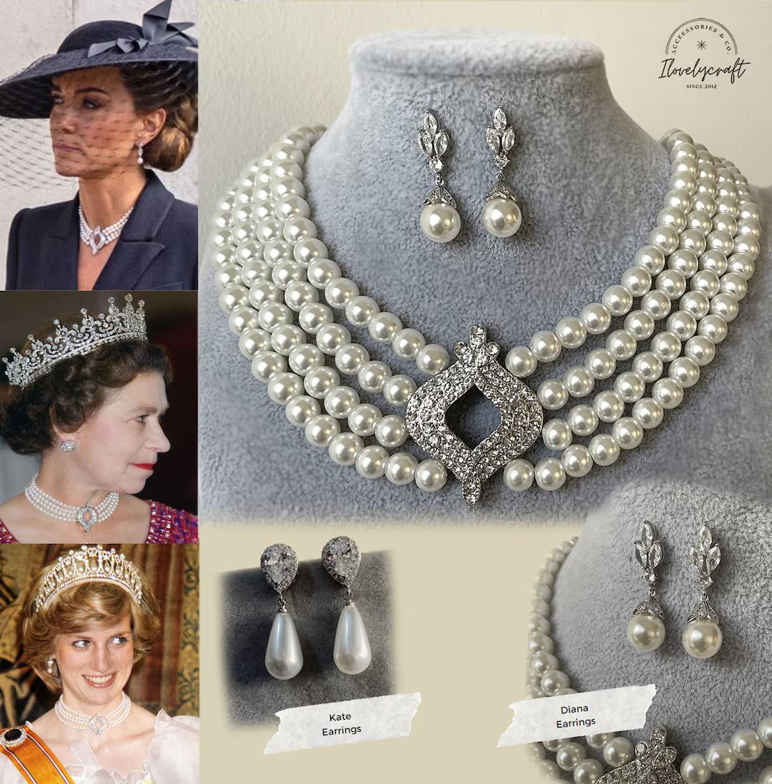 Kate Middelton Jewelry Queen Elizabeth  Pearl Chocker diamond necklace Royal jewelry replica Brit... | Etsy (US)