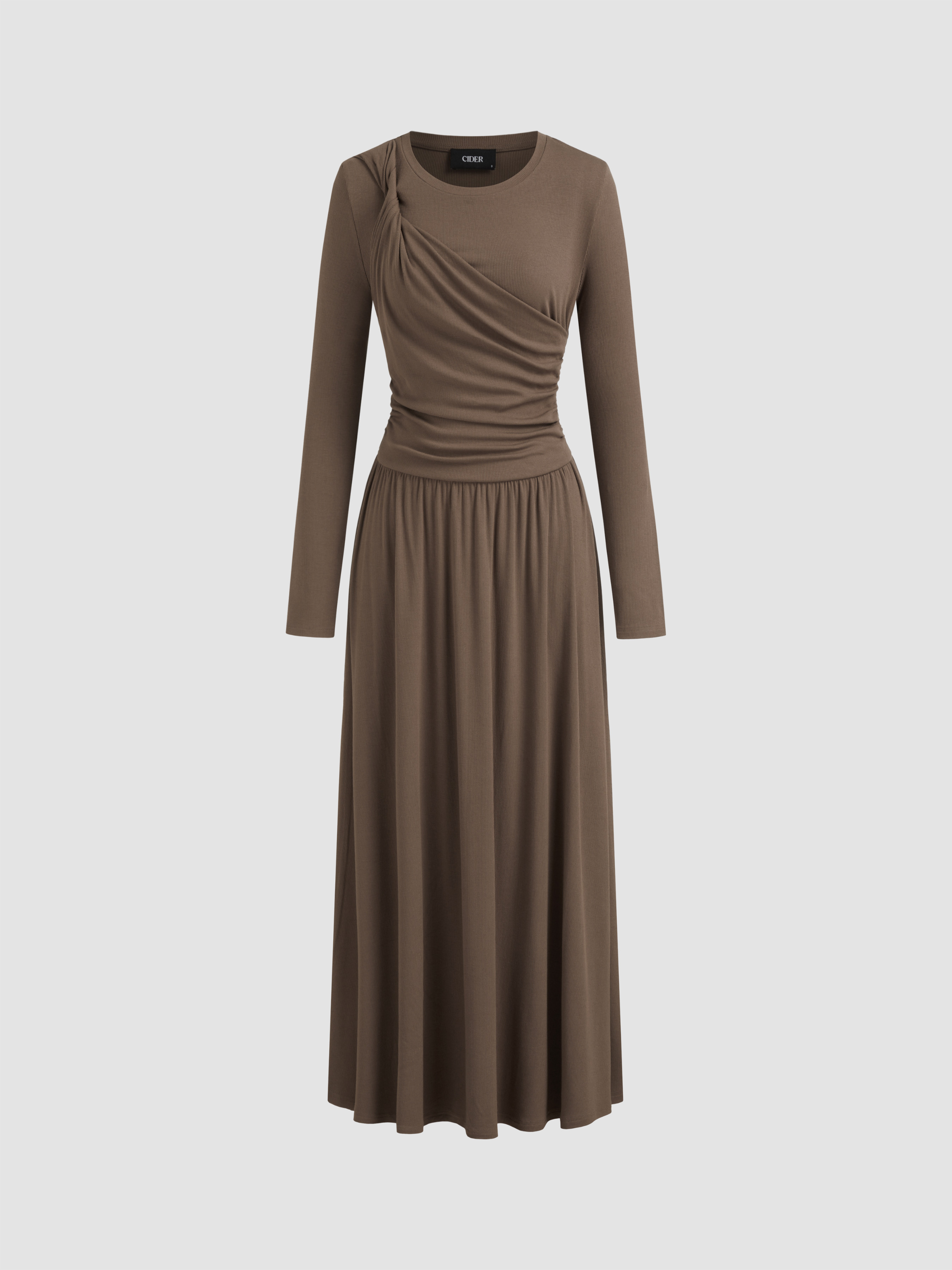 Knit Fabric Round Neckline Twist Ruched Maxi Dress For Work | Cider