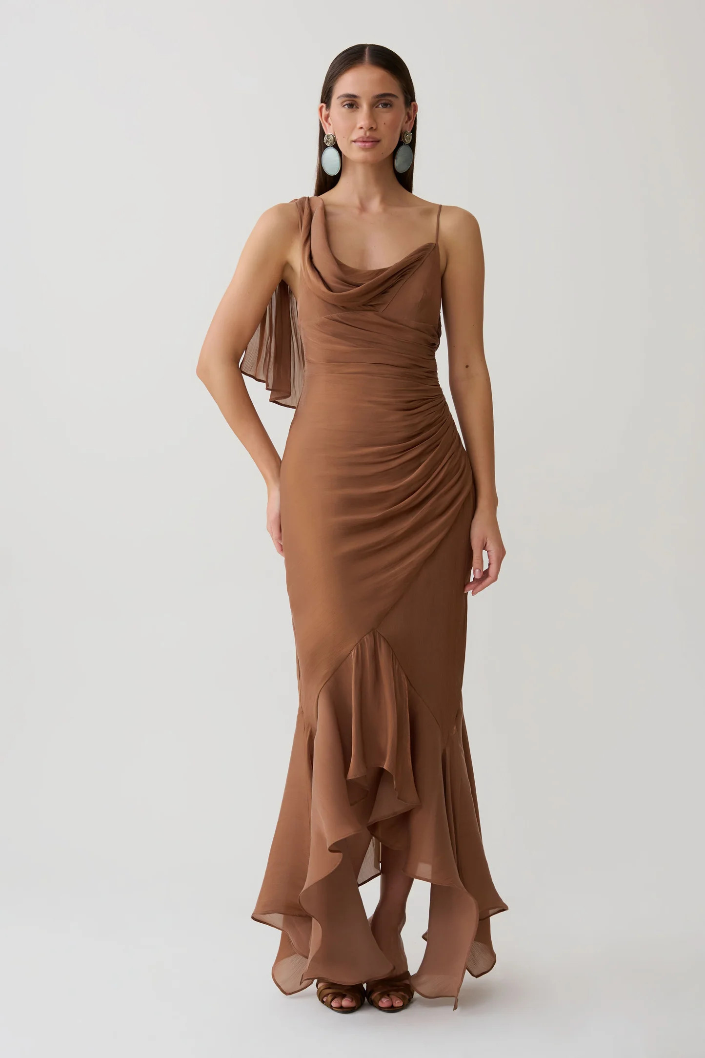 Edith Draped Maxi Dress - Cognac | MESHKI US