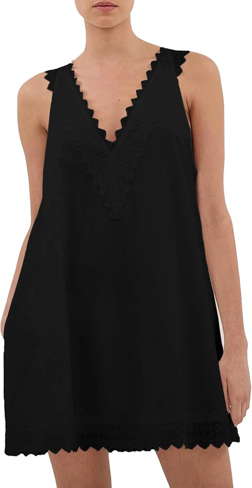 Lace Trim Mini Dresses for Women Trendy Sleeveless V Neck Shift Dress Summer Beach Vacation Sundr... | Amazon (US)