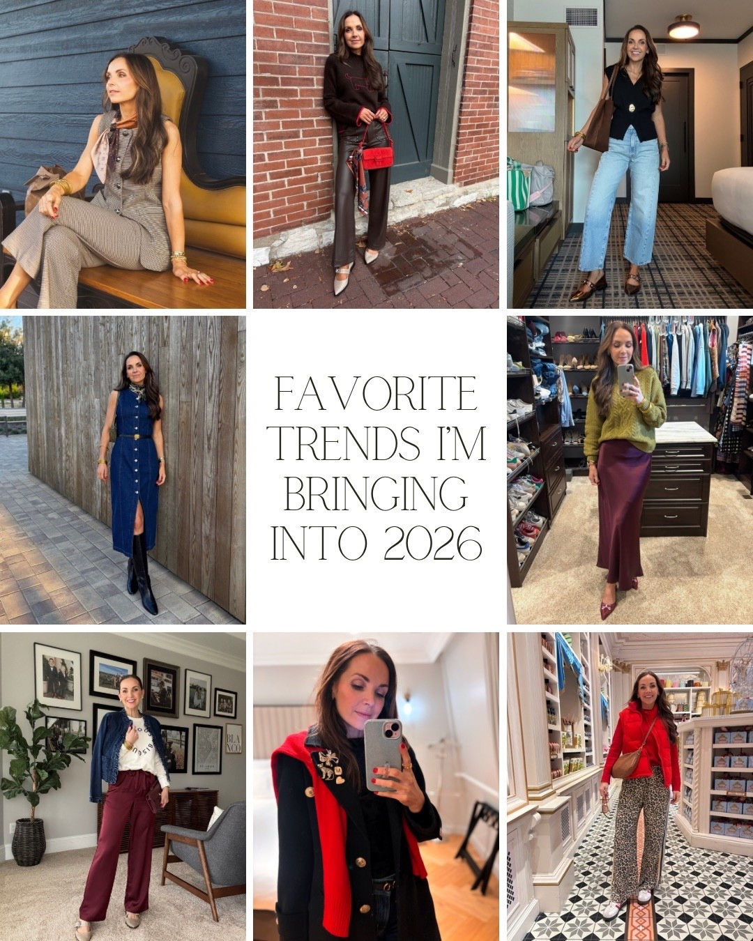 My favorite trends that I will be bringing into 2026

brooches
satin pants
Chocolate brown
chartruese green
tall boots
barrel jeans
Silk scarves
Statement pants