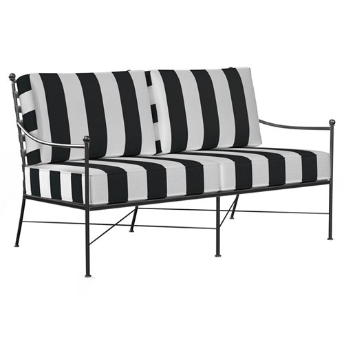 Sunset West Provence White Black Stripe Cabana Cushion Metal Outdoor Loveseat | Kathy Kuo Home