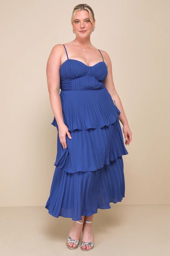 Cascading Crush Cobalt Blue Tiered Bustier Midi Dress | Lulus