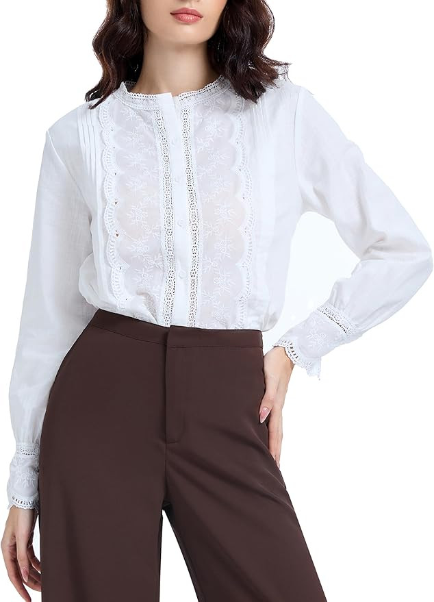 Womens Dressy Casual Lace Blouse Cotton Long Sleeve Button Up Shirts Tops | Amazon (US)