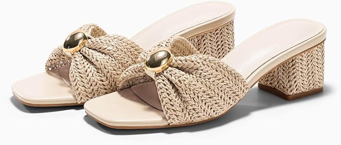 Coutgo Womens Low Chunky Block Heels Raffia Sandals Square Open Toe Slip On Slides Summer Beach D... | Amazon (US)