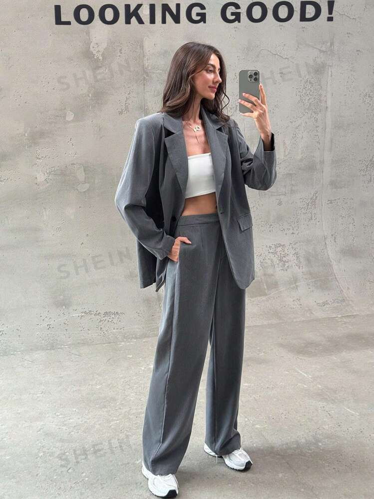 Aloruh New Autumn/Winter 2pcs Set Gray Oversized Suit Jacket With Pocket And Trousers, Simple Des... | SHEIN