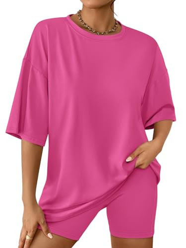 AUTOMET Womens 2 Piece Sets Summer Outfits 2025 Fashion Two Piece Lounge Matching Set Oversized Shirts Biker Short Tracksuit HotPink L | Amazon (US)