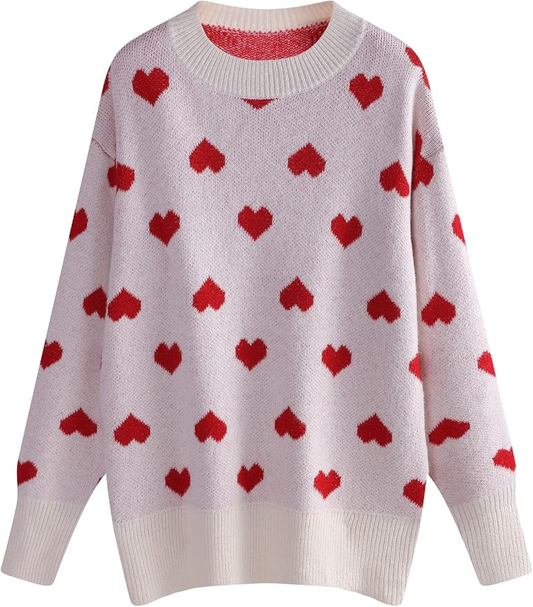 Arssm Women's Heart Print Sweater Casual Loose Crew Neck Long Sleeve Cute Pullover Knitted Sweate... | Amazon (US)