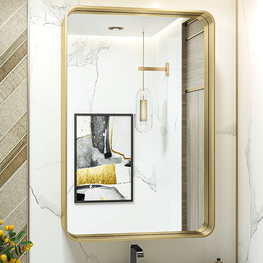 TokeShimi Gold Bathroom Mirror for Wall 24 x 36 Inch Metal Rounded Corner Rectangle Mirror Wall M... | Amazon (US)