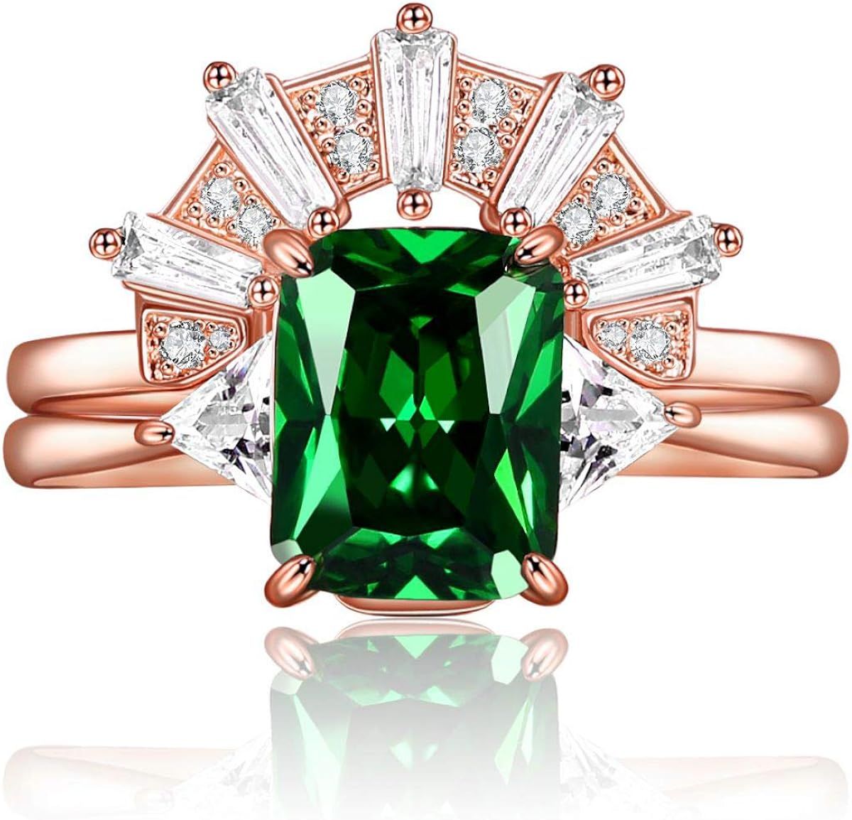 JIANGYUE Emerald Green Cubic Zirconia Stackable Statement Rings for Women Rose Gold White Crown W... | Amazon (US)