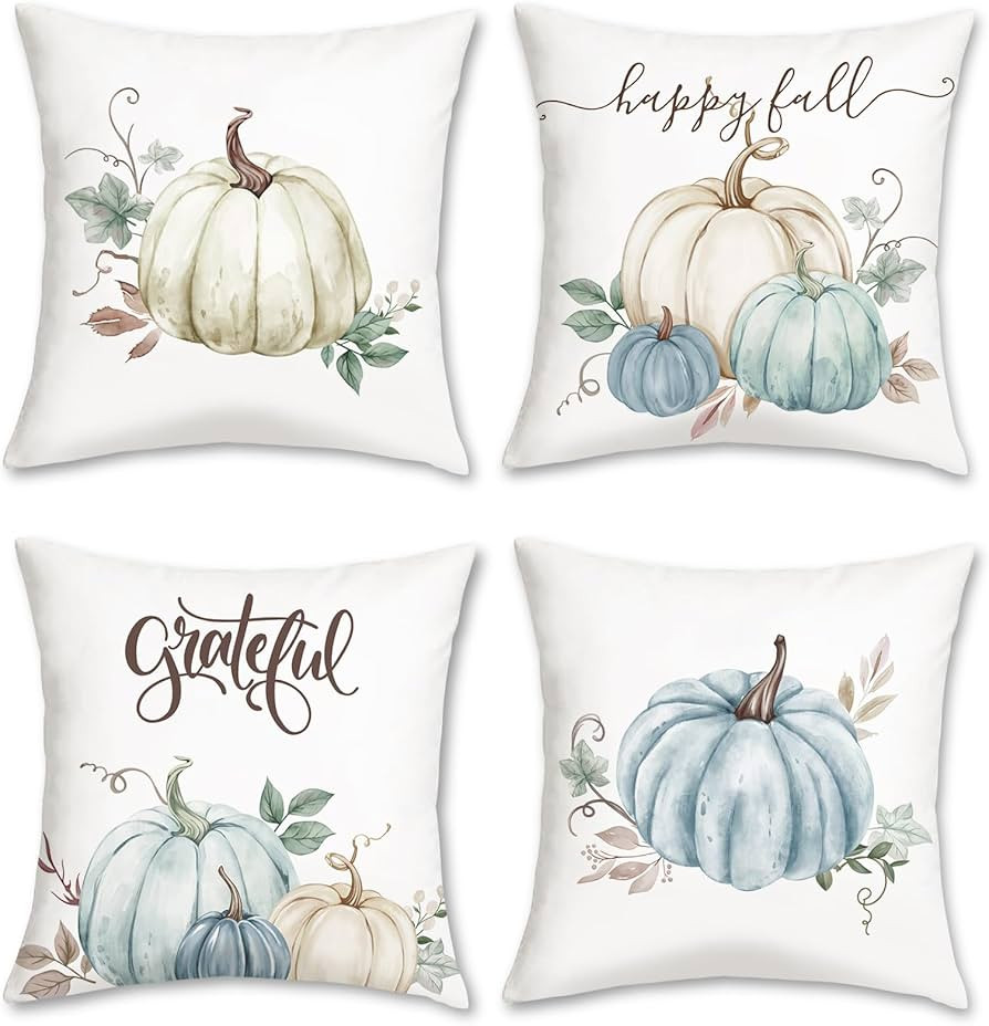 Bonhause Happy Fall Throw Pillow Covers 18 x 18 Inch Beige Blue Pumpkins Grateful Autumn Decorati... | Amazon (US)