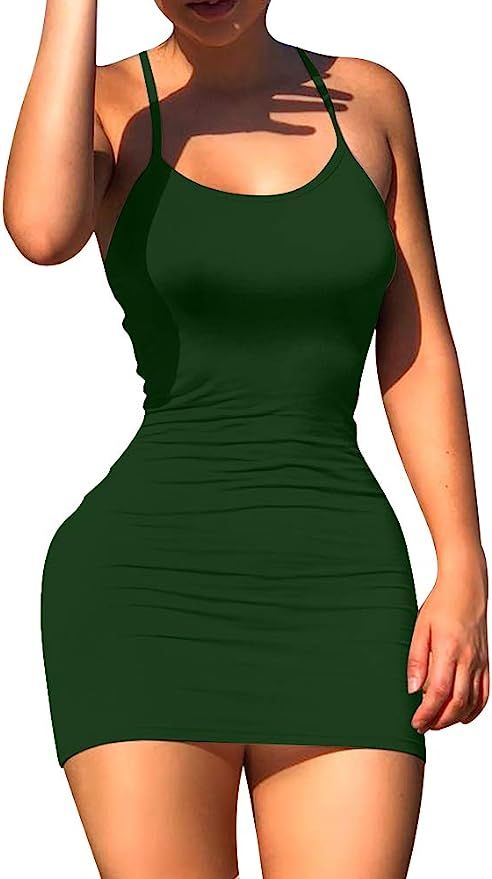 LCNBA Sexy Spaghetti Strap Tank Dress Basic Backless Bodycon Club Party Mini Dress | Amazon (US)