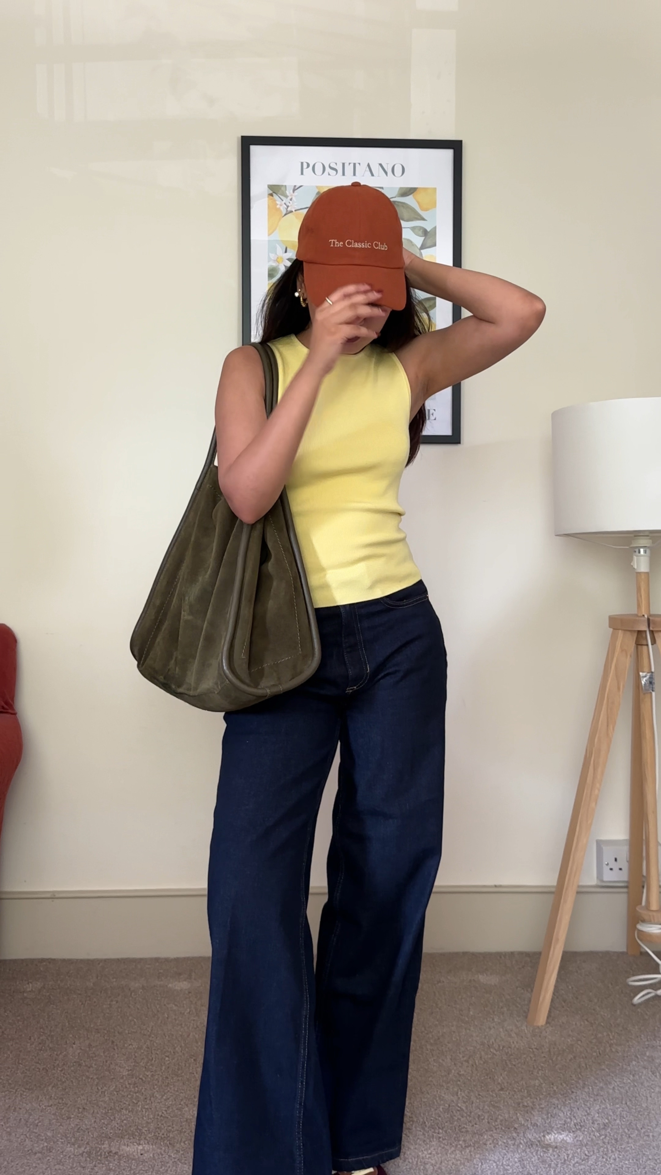 Butter yellow tank top, wide leg jeans, suede bag, summer chic outfit 