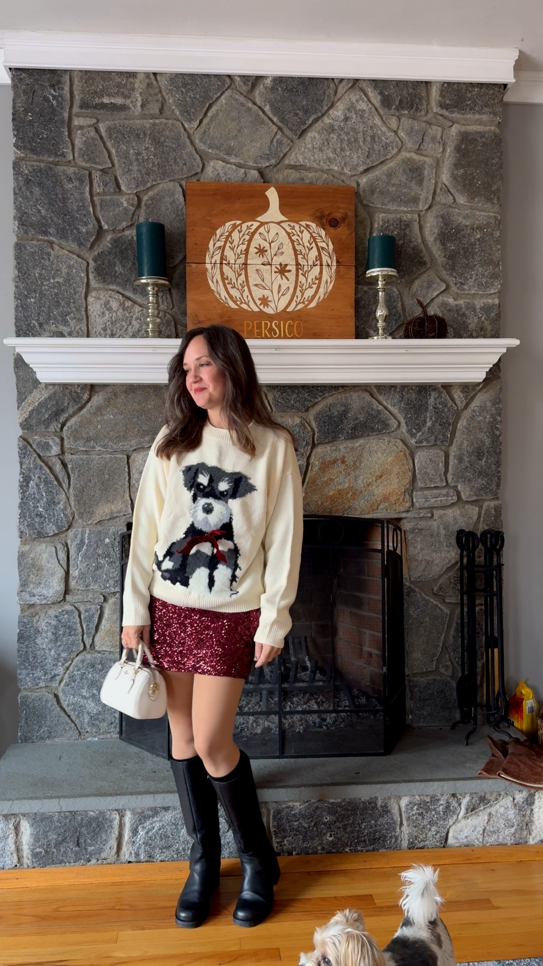 Holiday style! Sharing a few ways to style this sequin mini skirt. Second styling option is with a cute dog sweater. This sweater has a removable bow and will transition to a winter capsule item for 2026.
This holiday outfit is perfect for casual parties and dinners out.

#LTKHoliday #LTKOver40 #LTKSeasonal