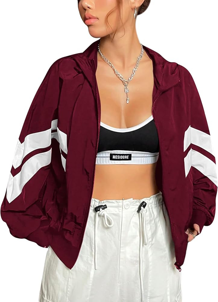 Verdusa Women's Color Block Zip Up Hooded Jacket Outerwear Loose Windbreaker Jackets | Amazon (US)