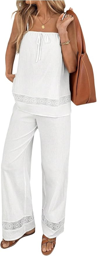 SOLY HUX Women's 2 Piece Summer Going Out Outfits Lace Tie Front Camisole Tops and Wide Leg Pants... | Amazon (US)