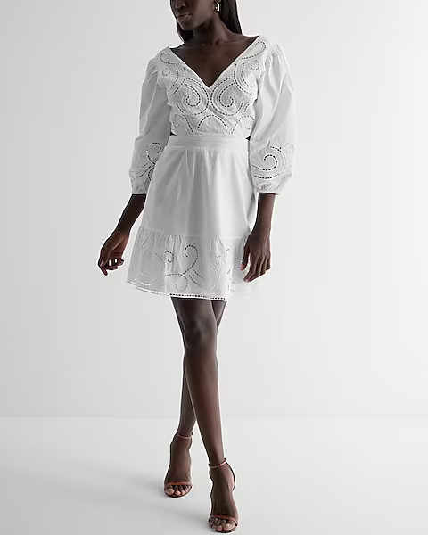 Embroidered Eyelet V-Neck Tie Back Poplin Mini Dress | Express