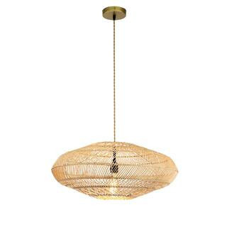 Autumn 1-Light 60-Watt Rattan Pendant Light Modern Orb Shaped Handmade Shade Coastal Decor in Brass | The Home Depot