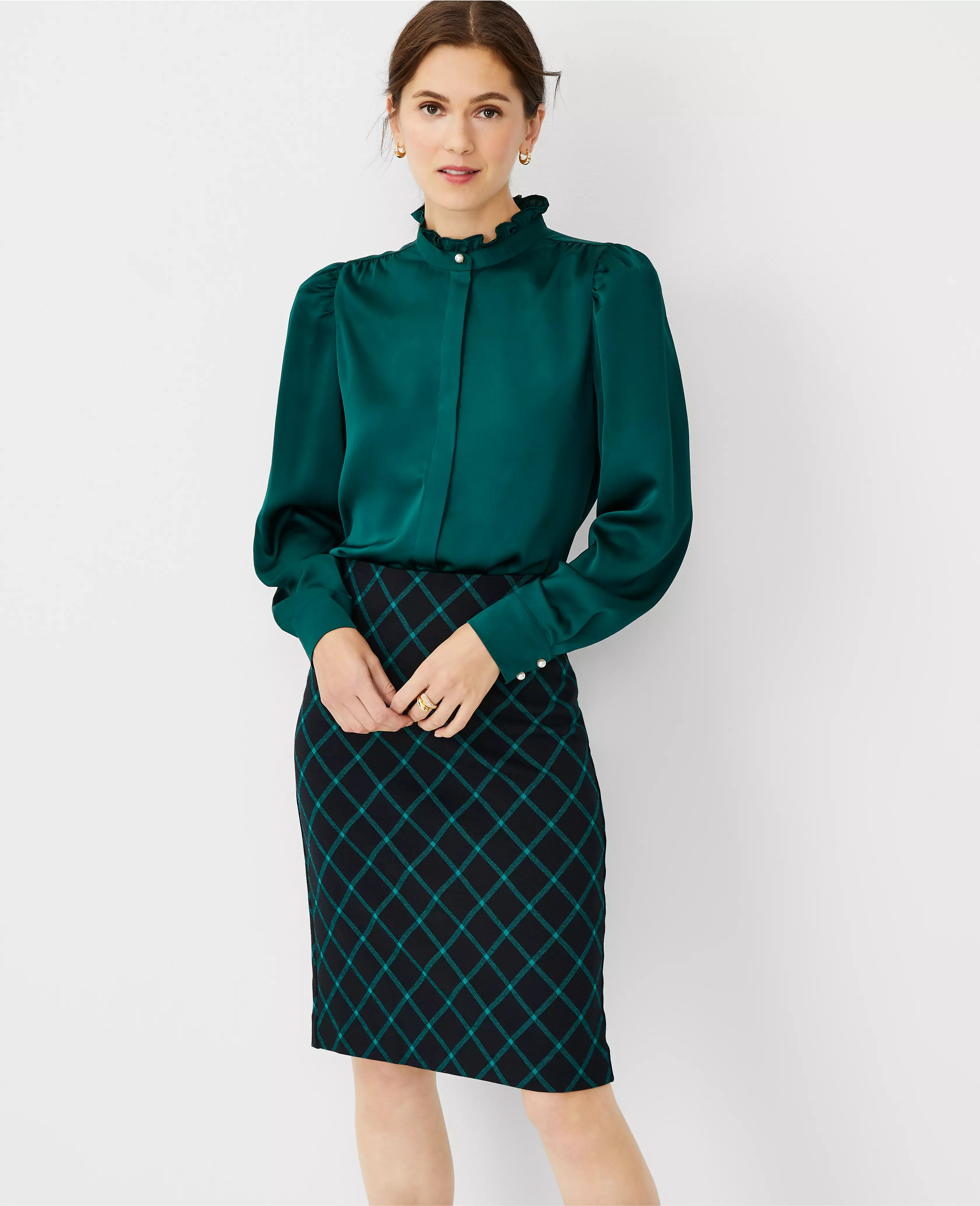 Pearlized Button Ruffle Neck Shirt | Ann Taylor (US)