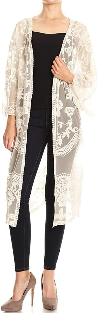 Anna-Kaci Womens Long Embroidered Lace Kimono Cardigan with Half Sleeves | Amazon (US)