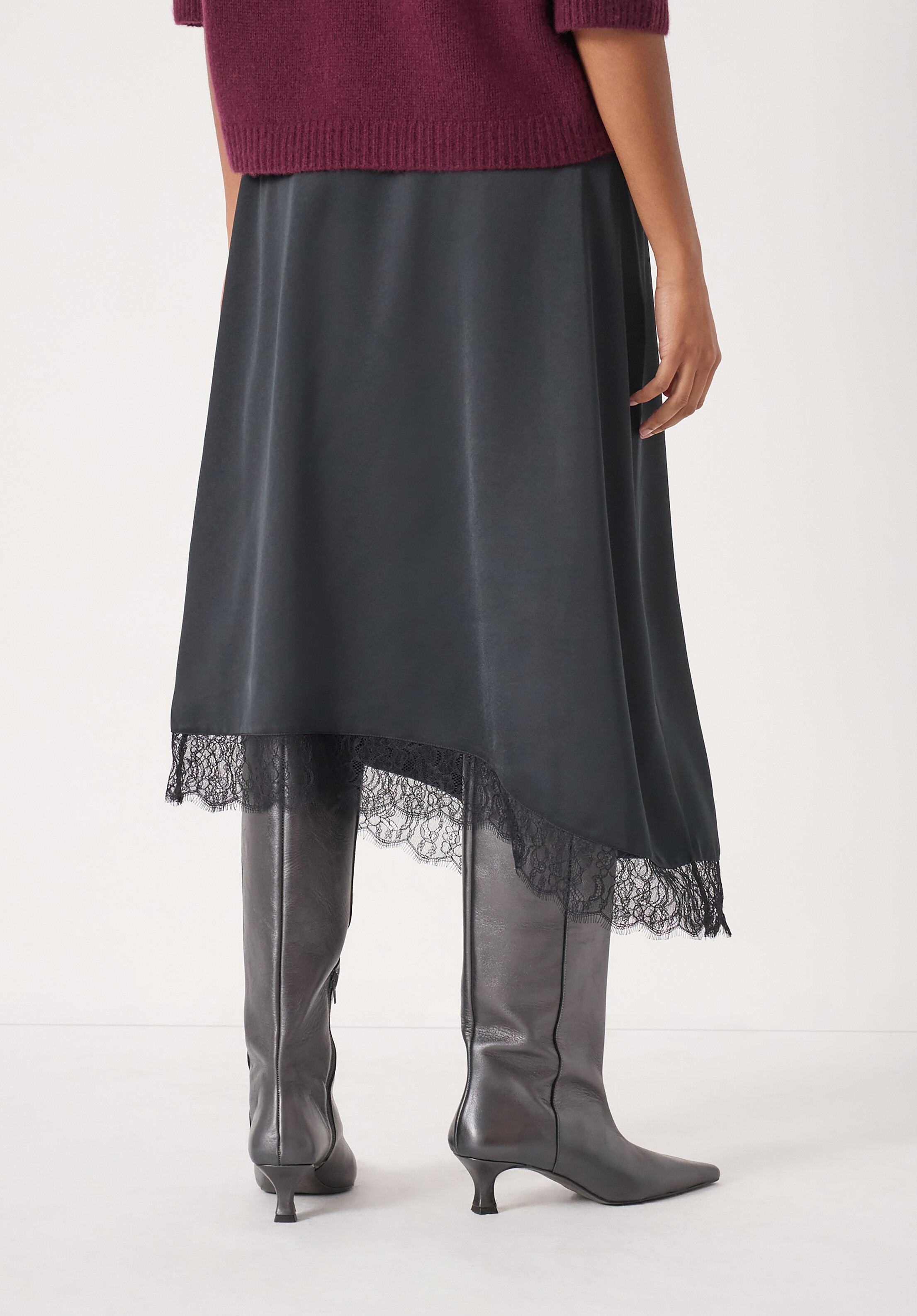 Satin Asymmetric Lace Trim Skirt | Hush UK