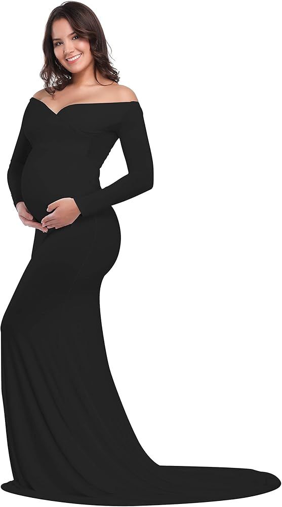 Maternity Elegant Fitted Maternity Gown Long Sleeve Cross-Front V Neck Slim Fit Maxi Photography ... | Amazon (US)