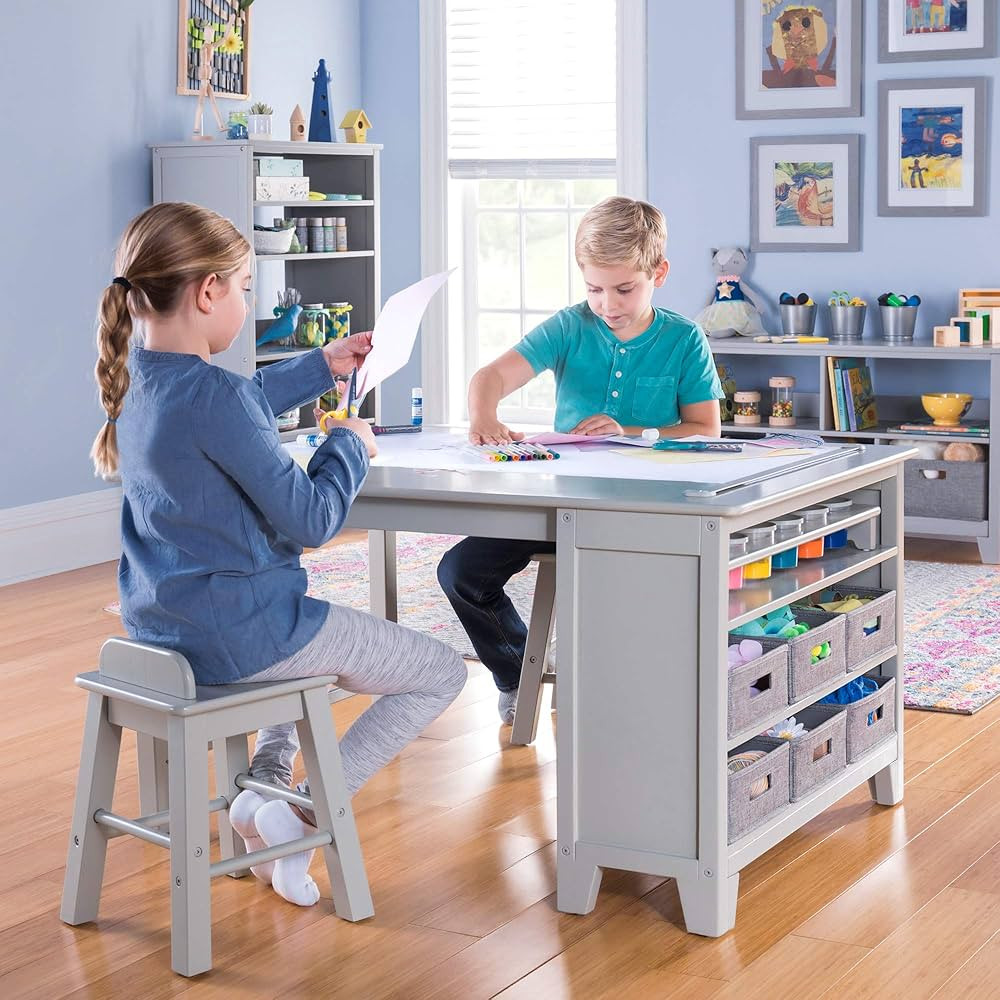 Martha Stewart Kids' Art Table and Stool Set (Gray) - Wooden Drawing and Painting Desk with Paper... | Amazon (US)