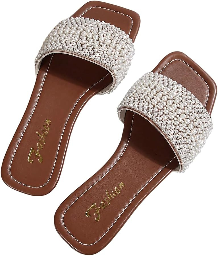 Verdusa Women's Pearls Slide Sandals Open Toe Slip On Summer Sandals | Amazon (US)