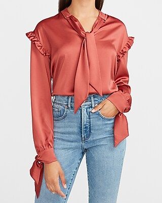 Satin Ruffle Tie Neck Top | Express