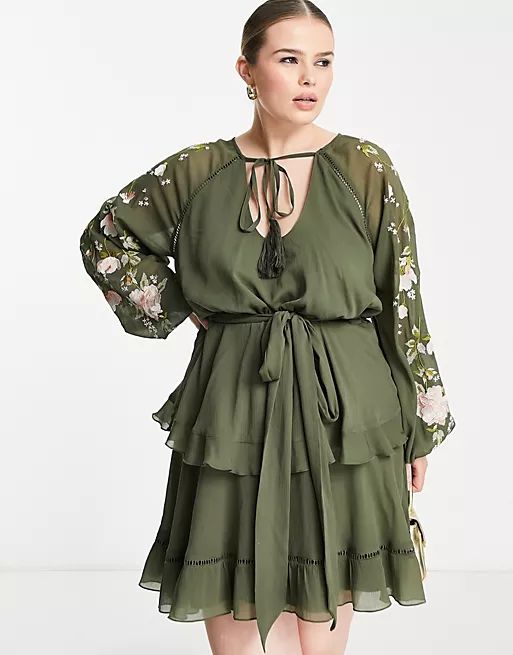 ASOS DESIGN Curve blouson sleeve tiered mini dress with embroidery in khaki | ASOS (Global)