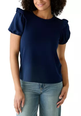 Crown & Ivy Women's Puff Sleeve Baby Terry T-Shirt, Navy Blue, XXL | Belk