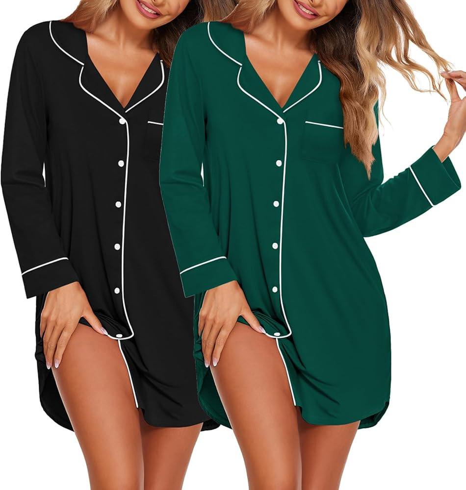 Ekouaer 2 Pack Nightgowns for Women Long Sleeve Night Shirt Button Down Sleep Shirt V-Neck Sleep ... | Amazon (US)