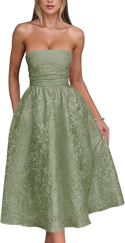 Strapless Tea Length Prom Dresses for Women 2025 Jacquard Satin Evening Party Gown A Line Corset ... | Amazon (US)