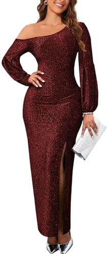 Elegant One Shoulder Evening Party Dresses for Women Burgundy Sexy High Split Long Sleeve Evening Gowns Formal Sparkly Cocktail Long Dress | Amazon (US)