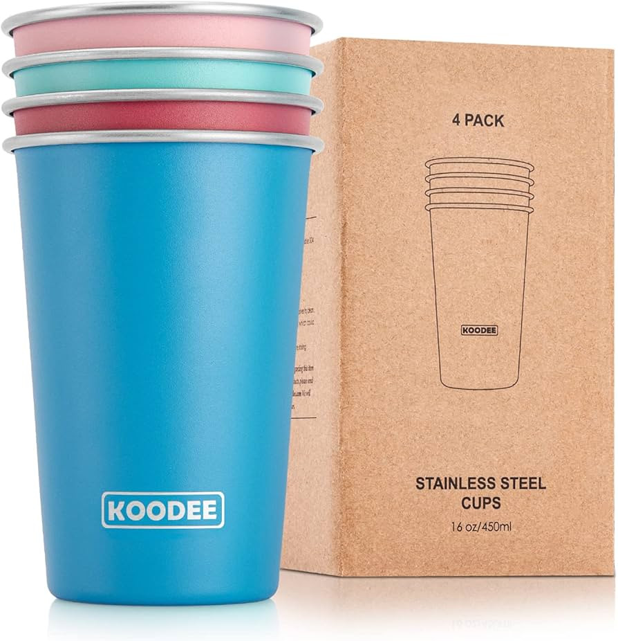 koodee Stainless Steel Cups (4 Pack) 16 oz Pint Tumbler Stackable Metal Drinking Glasses for Trav... | Amazon (US)