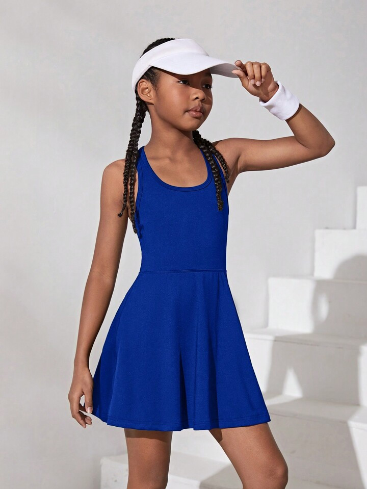 SHEIN Tween Girl Solid Color Hollow Out Back A-Line Sports Dress | SHEIN USA | SHEIN