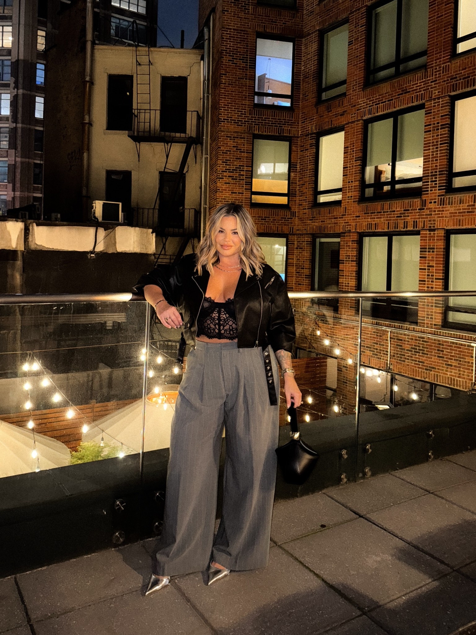 Pants L 
Bra top L linked exact and similar. 
Moto jacket linked similar mine is old.
Zara moto jackets I wear xl .
Heels linked similar mine are old Zara 
Bag can’t link it sorry. 

Use code shayna10 on Miranda Frye to save $ 