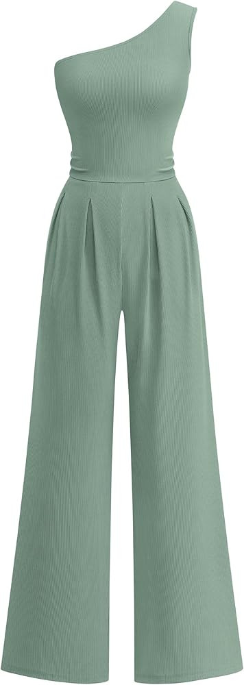 KIRUNDO One Piece Jumpsuits For Women Dressy 2026 One Shoulder Formal Ribbed Wide Leg Rompers Wit... | Amazon (US)