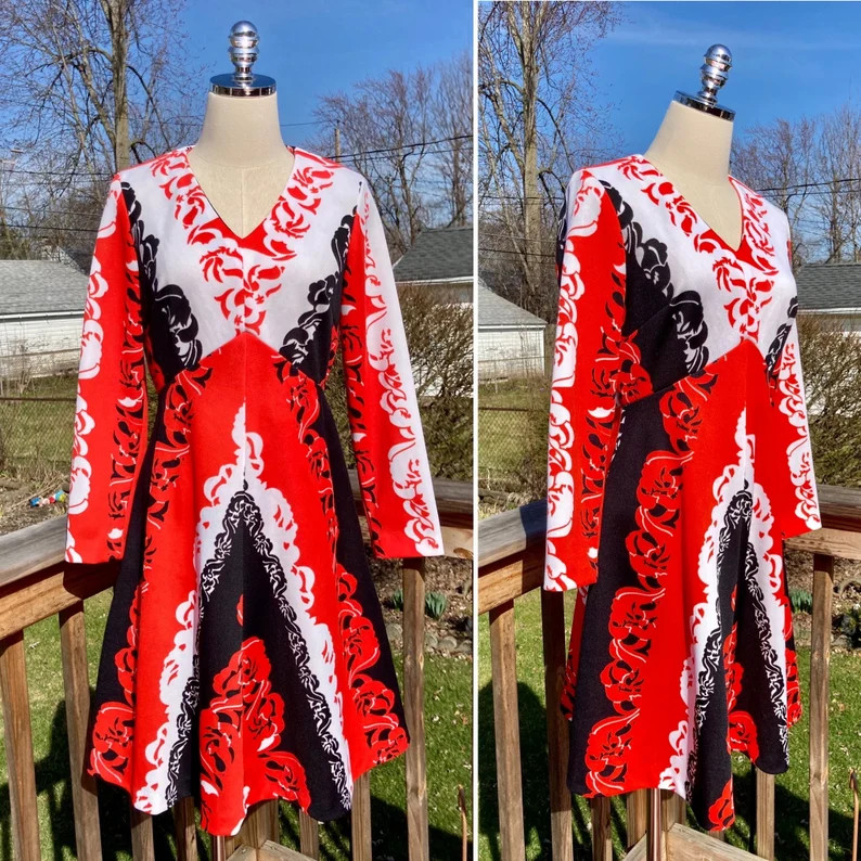 Vintage 70s Mod Red White & Black Polyester Midi Dress / Vintage Mod Red Psychedelic Polyester Dr... | Etsy (Global)