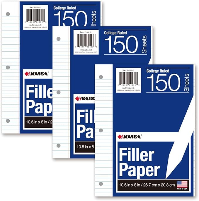 Kaisa Loose Leaf Paper Filler Paper 8x10.5 inches, College Ruled, 3-Hole Punched for 3-Ring Binde... | Amazon (US)