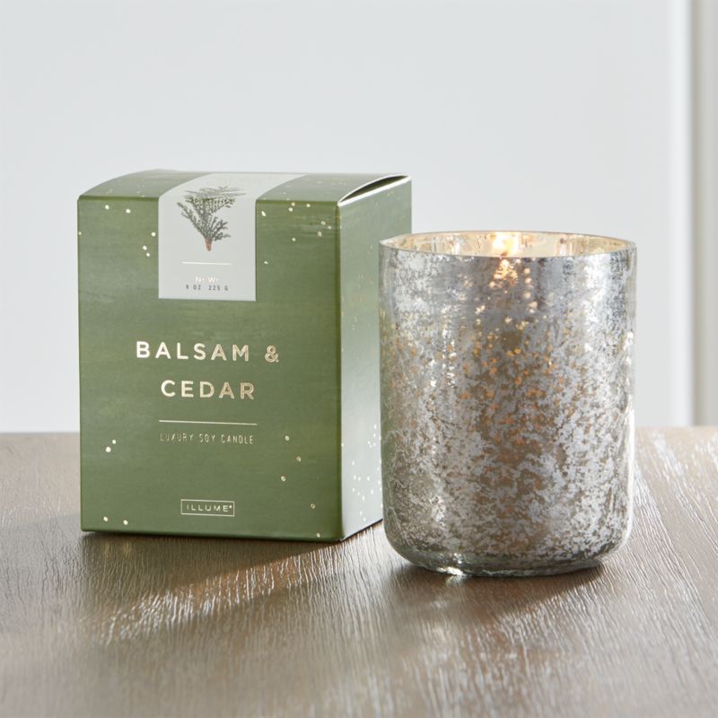 ILLUME Balsam and Cedar Scented Mercury Glass Holiday Candle + Reviews | Crate & Barrel | Crate & Barrel