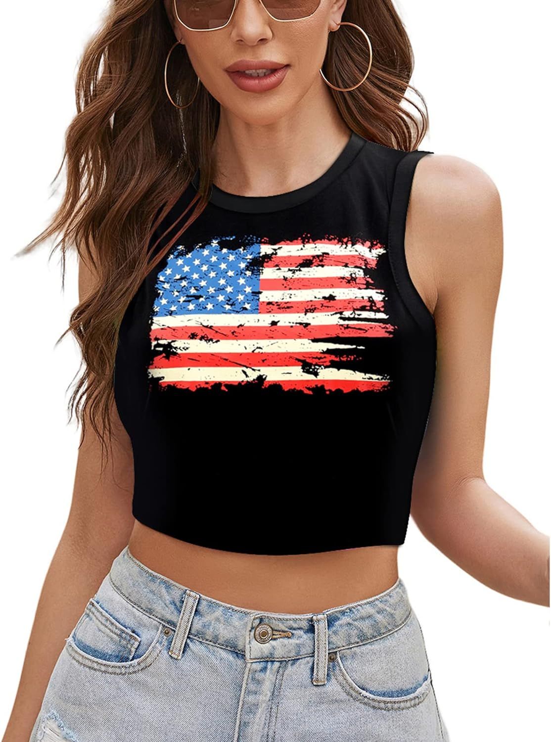 PHIXWORLD Women 4th of July Crop Tops USA American Flag Patriotic Fourth of July Outfits Sleevele... | Amazon (US)